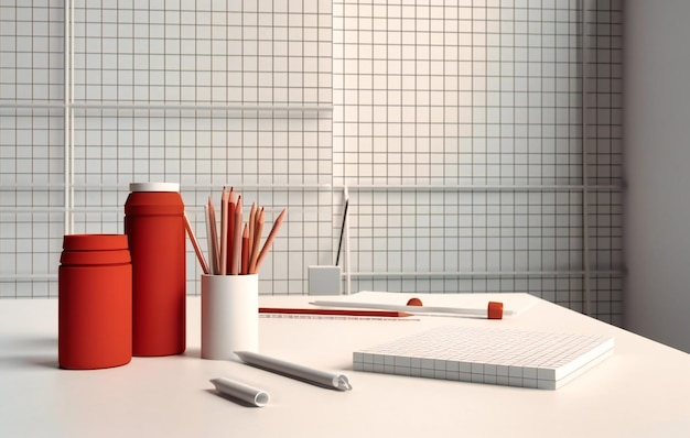 Classroom desk with pens pencils and a notebook