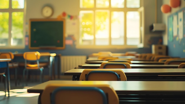 Classroom Filled With Desks and Chairs Generative AI