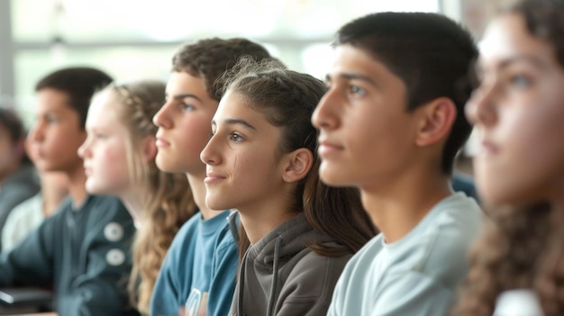 A classroom full of excited students eagerly listening to a guest speaker discuss the latest