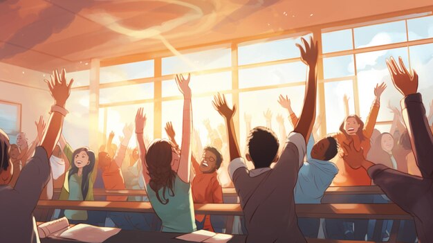 Photo a classroom full of students with their hands up