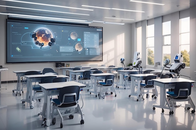 A classroom of the future with robotic desks and chairs and a large interactive whiteboard