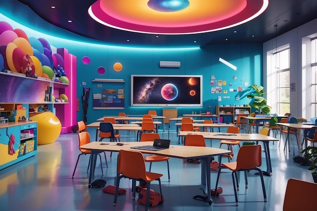 A classroom of the future with a vibrant colorful atmosphere and a variety of interactive learning tools