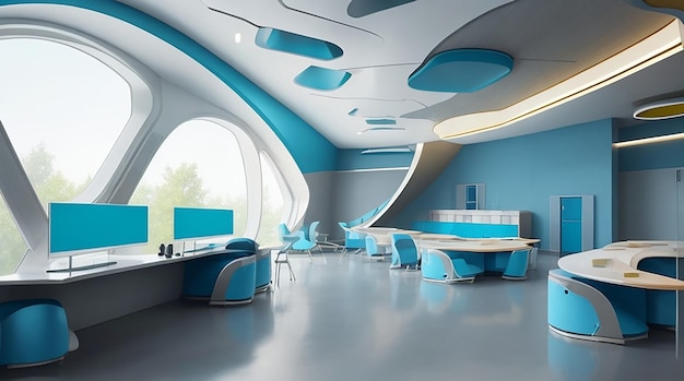 classroom interior for a futuristic educational institution