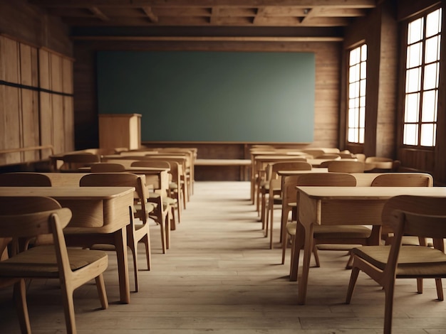 Интерьер классной комнаты Винтажная деревянная лекция Деревянные стулья и столы ИИ генеративный