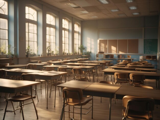 Classroom Interior Vintage Wooden Lecture Wooden Chairs and DesksAI generative