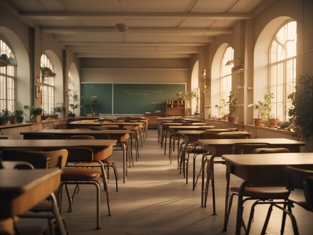 Classroom Interior Vintage Wooden Lecture Wooden Chairs and DesksAI generative