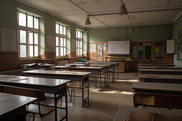 ウクライナ・オデッサ市の古い学校の教室 装飾された空の学校のクラスのインテリア AIが生成