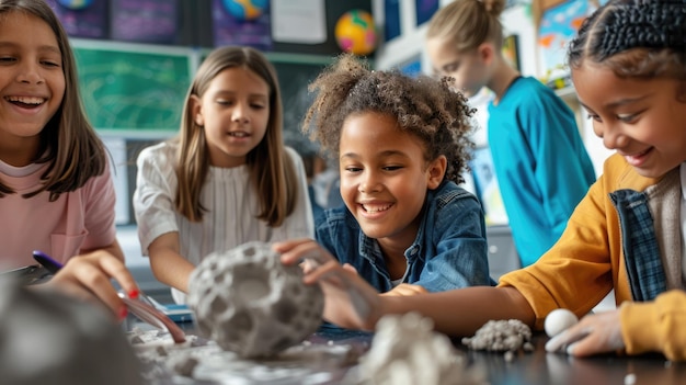 Classroom scene of students celebrating Asteroid Day with model Asteroid Day