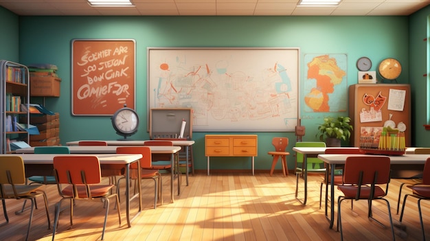 a classroom setting with desks chairs and a teacher's podium