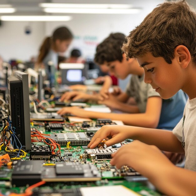 Класс, где студенты строят и тестируют схемы с использованием микроконтроллеров и программного обеспечения для кодирования