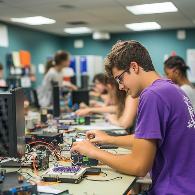 Класс, где студенты строят и тестируют схемы с использованием микроконтроллеров и программного обеспечения для кодирования