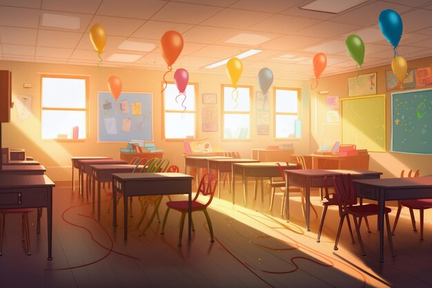 A classroom with balloons on the ceiling and a window with the sun shining on them.