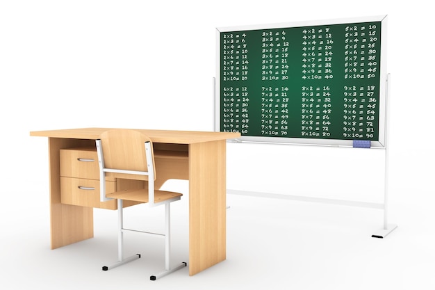 Classroom with blackboard and desk on a white background