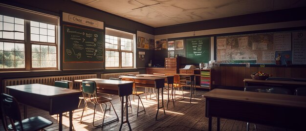 A classroom with a blackboard and desks Generative AI