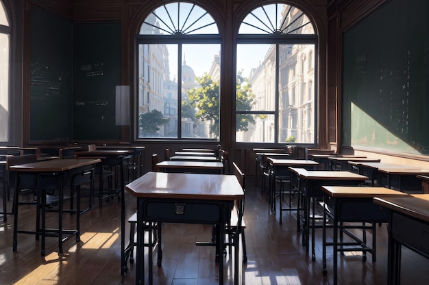 A classroom with a blackboard and a window