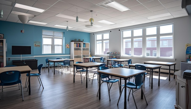 A classroom with a blue wall that says'school of the future '