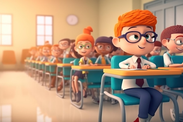 A classroom with a boy sitting at a desk and wearing glasses.