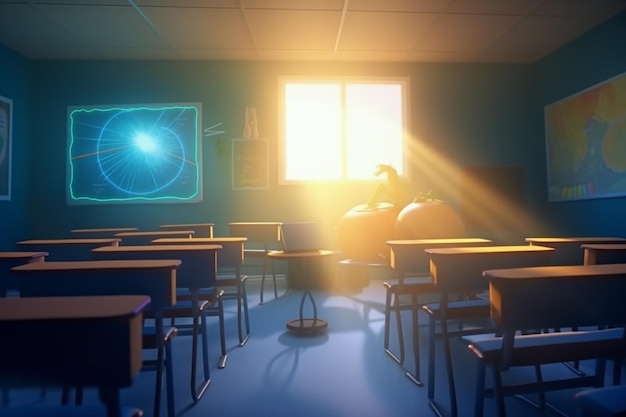 Empty classroom with sun rays by 第十一航空艦隊