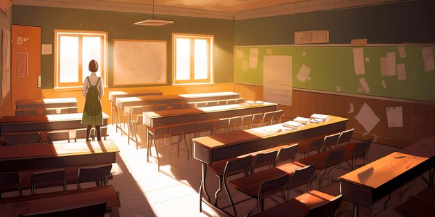 Classroom with a chalkboard desks and a teacher at the front of the room welcoming students back to schoolGenerative AI