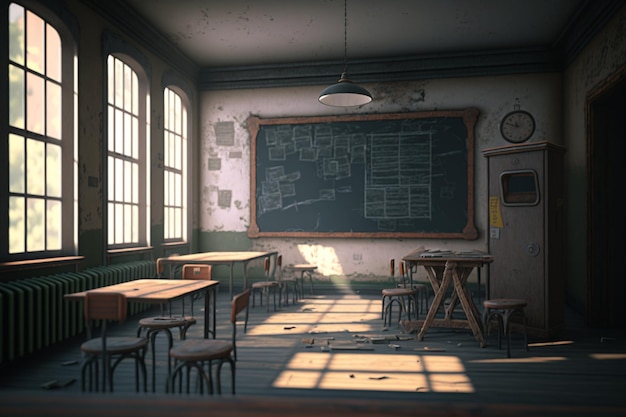 「学校」と書かれた黒板のある教室