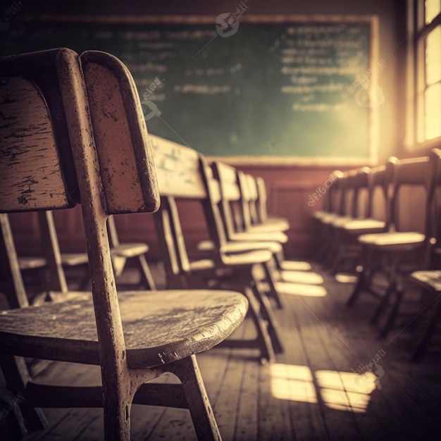 A classroom with a chalkboard on the wall and chairs in the background.