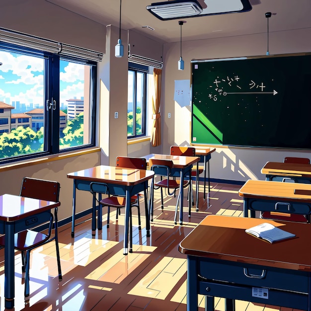 A classroom with a chalkboard