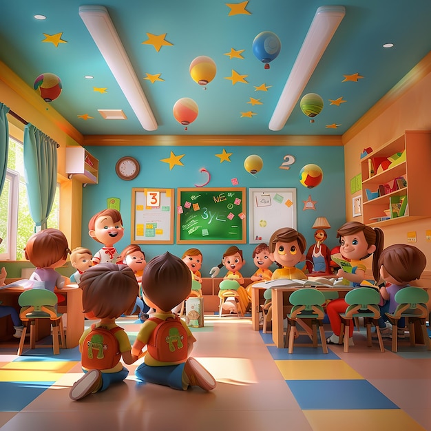 a classroom with children in the room with the number 7 on the back