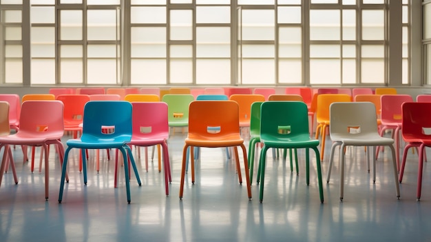 Photo classroom with colorful chairs empty classroom with modern chairs in a row for learning