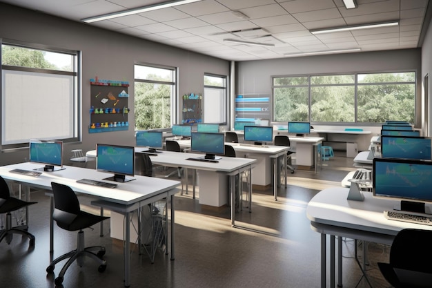 Classroom with computers for IT lesson AI