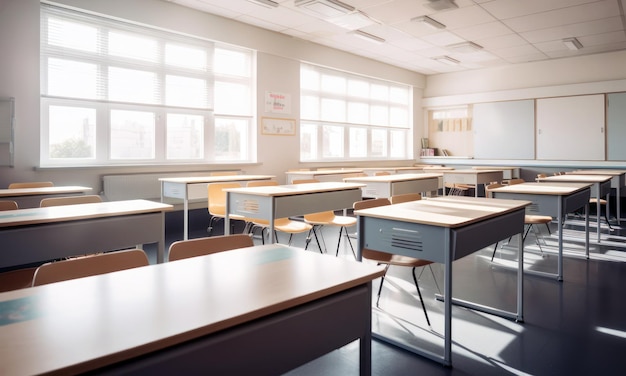 A classroom with a desk and chairs that say'school '