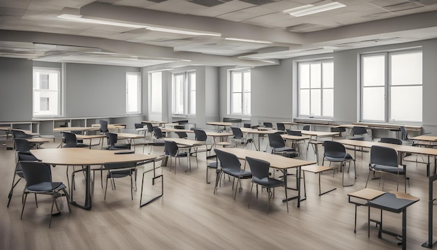 a classroom with a desk and chairs with a skylight on the ceiling