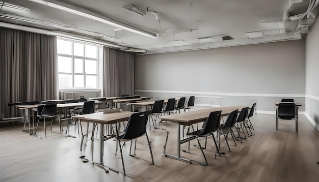 a classroom with a desk and chairs with a window in the background