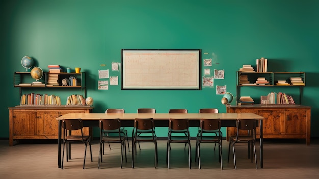 A classroom with desks chairs and a blackboard