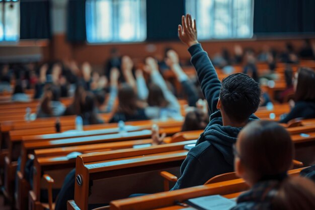 classroom with desks and seats with students raising their hand