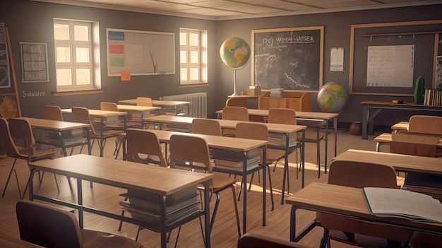 A classroom with a globe and chairs in the corner.