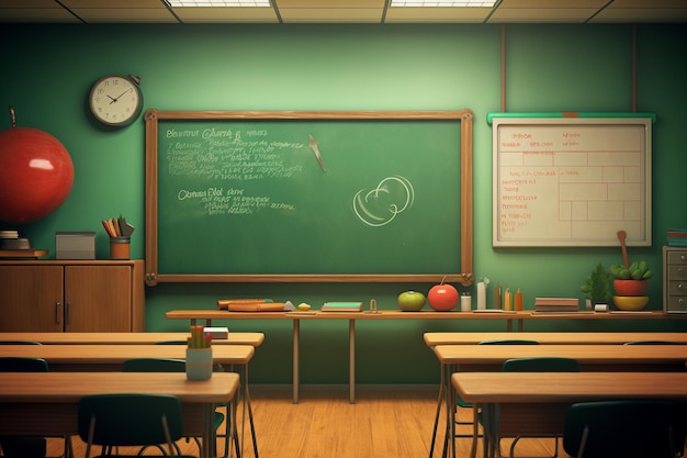 A classroom with a green board and desks