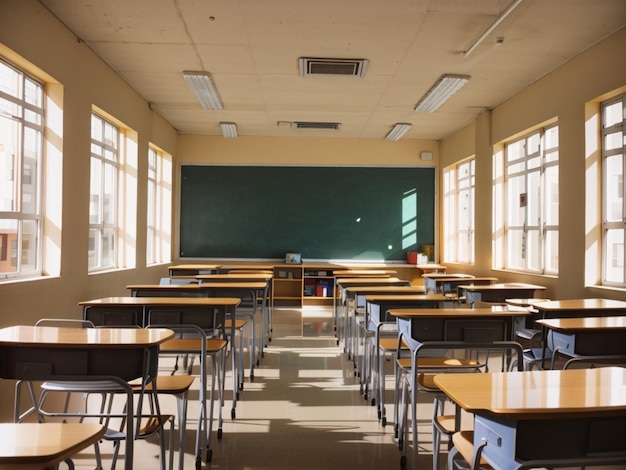 A classroom with a green board with a green board in the middle