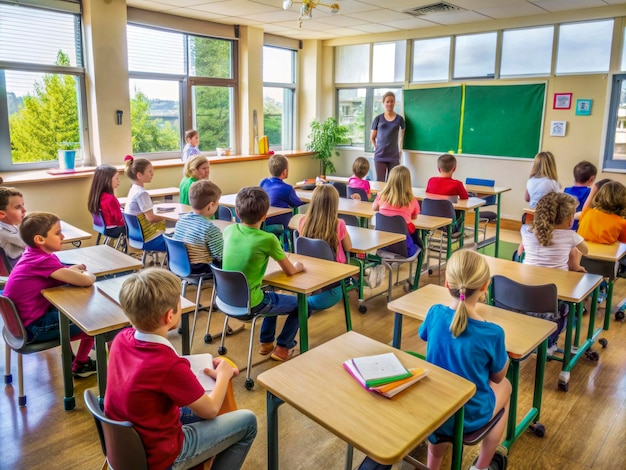 Photo a classroom with a green board with a man in a red shirt standing in front of it