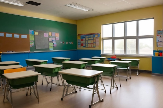 a classroom with a green board