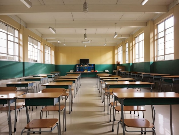 A classroom with a green wall and a yellow wall with a green stripe