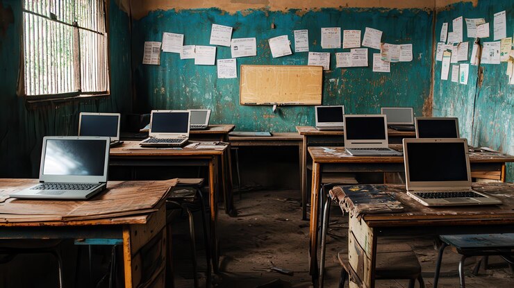 Photo a classroom with laptops on wooden desks featuring a green wall and educational posters creating a conducive learning environment