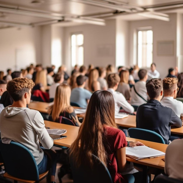 a classroom with a large crowd of students sitting in front of them.