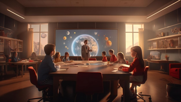 A classroom with a large screen that says planet earth on it.