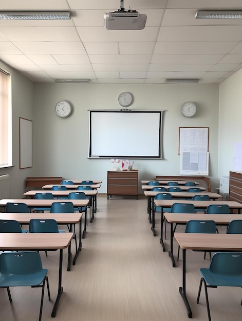 a classroom with a large screen that says " the time is 1 : 00 ".