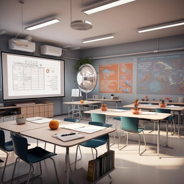 a classroom with a large screen that says " the word " on the screen.