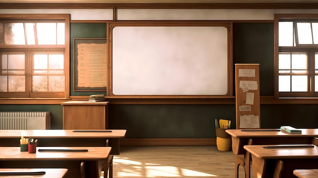 A classroom with a large whiteboard