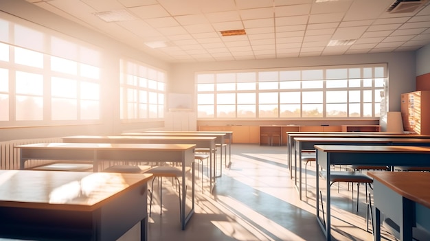 A classroom with a lot of desks and chairs in it