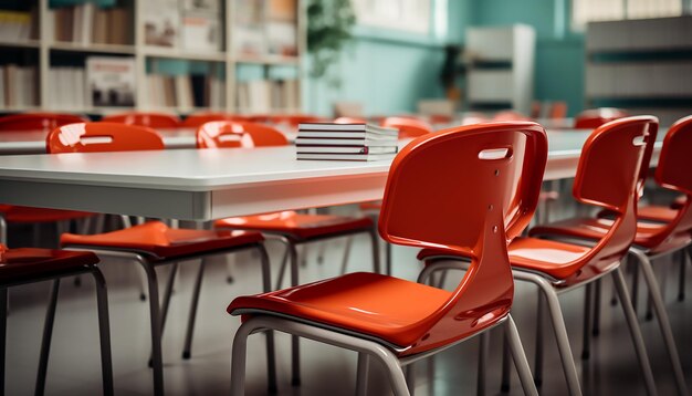 Foto aula con sedie arancione e il libro sulle scrivanie sfondo frontale ritorno a scuola