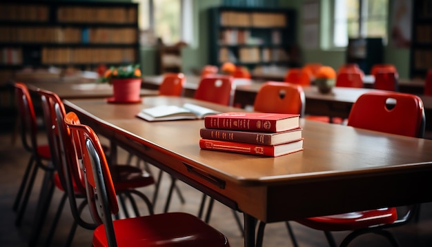 Classroom with Orange chairs and the book on the desks Front view background Back to school