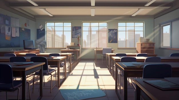 A classroom with a painting of a building and a painting of a building with a blue sky